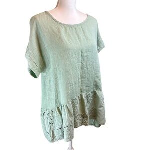 TERZO MILLENIO Green Linen Lace Tunic Top Sz L Short Sleeve Italy Travel Comfort